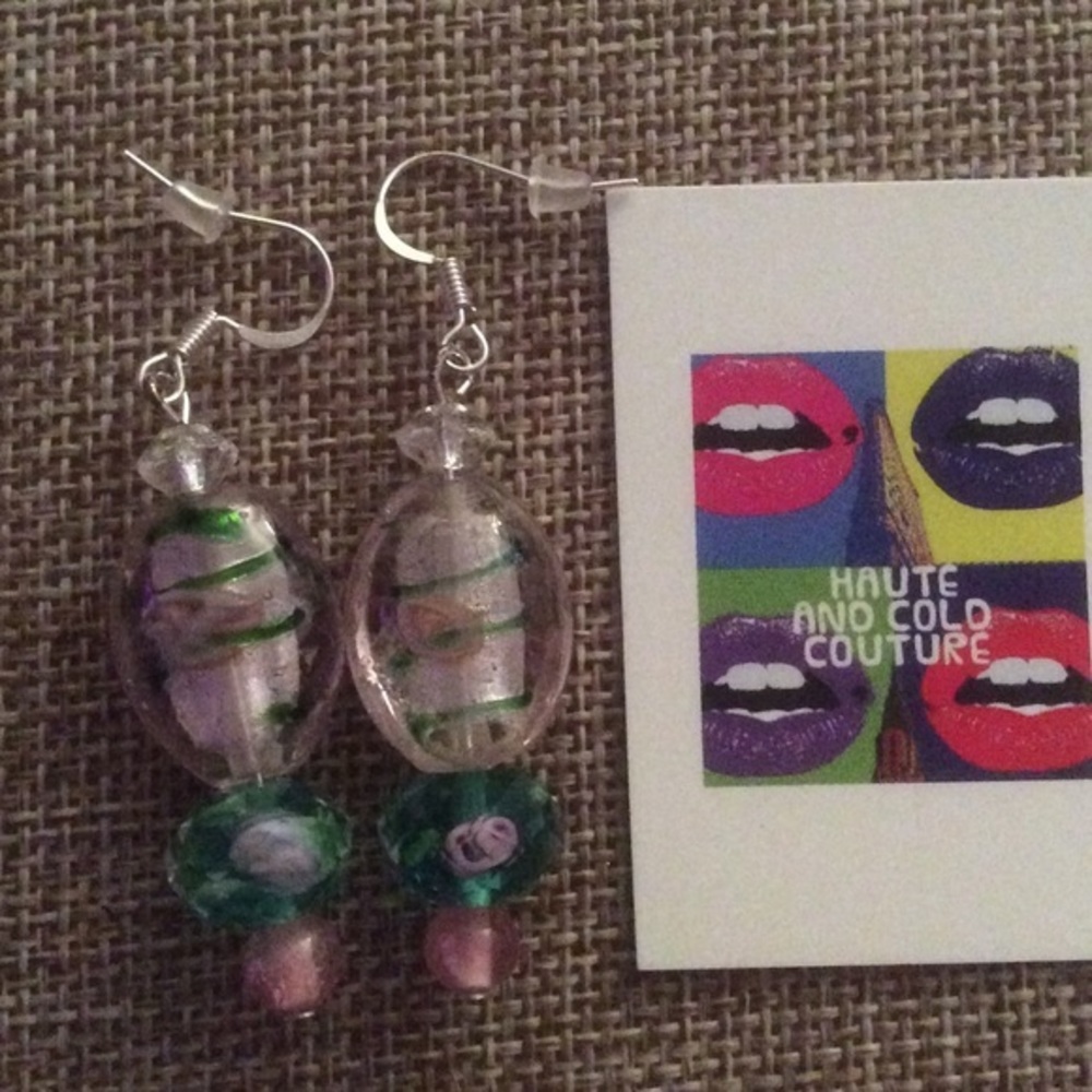 NEW Handmade Floral Pink & Green Glass  Earrings